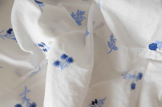 Blue Botanical Embroidered Cotton Linen Fabric – 1.6 yd