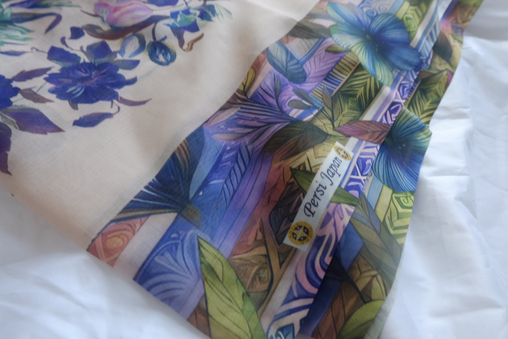 Japanese Blue Floral Border Voile Fabric - 2.19 yd