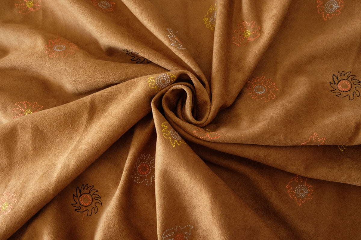 Golden Hour Blooms – Embroidered Faux Suede Fabric – 1.09 yd