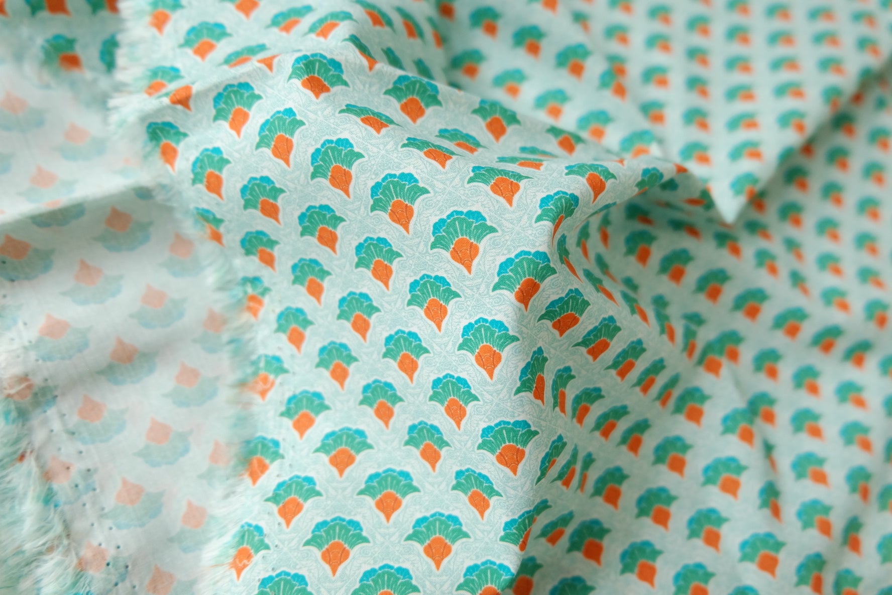 Mint and Orange Geometric Cotton Poplin for Shirts and Dresses 3.3 Yards