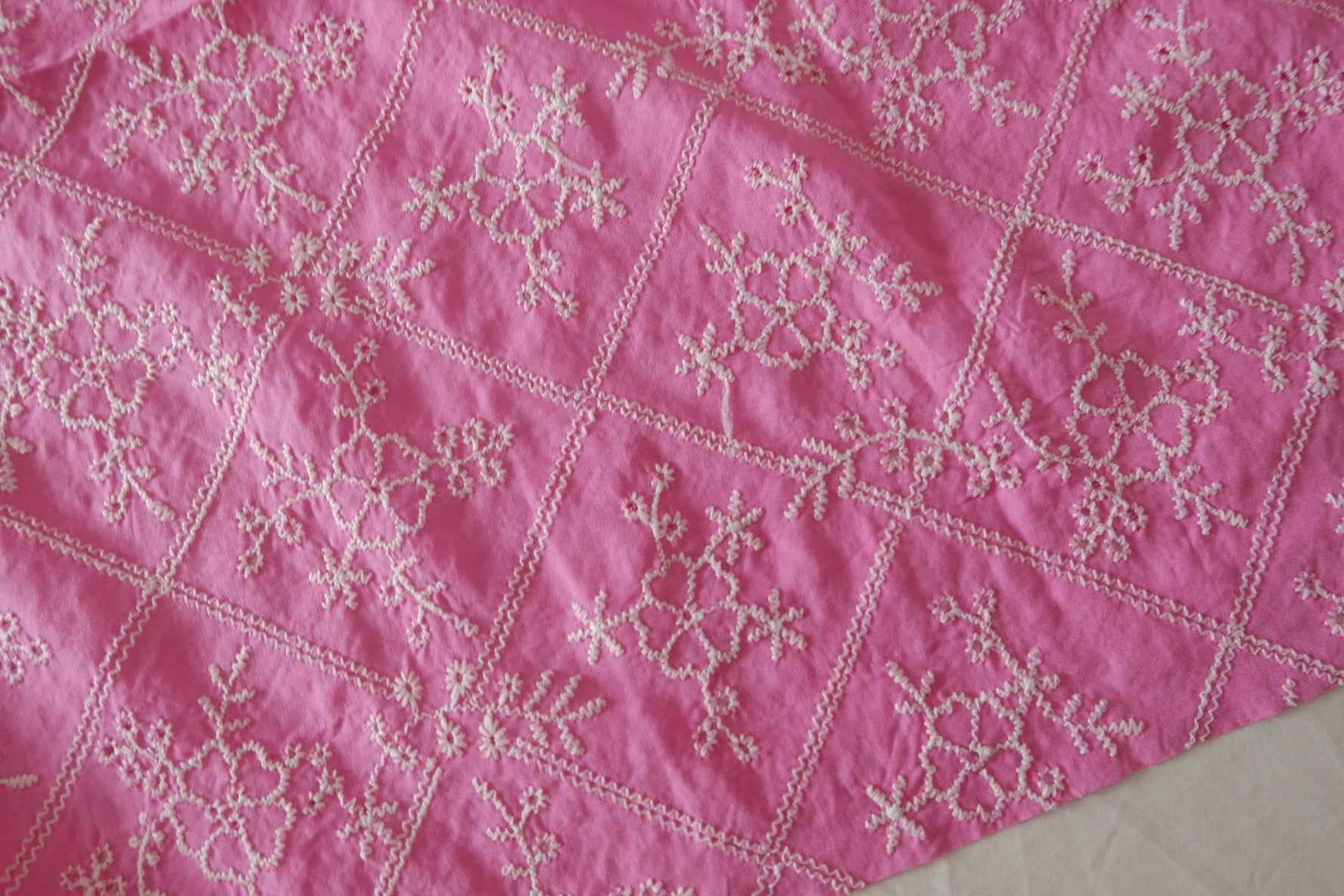 Bright Pink Floral Embroidered Cotton Linen Blend – 2.2 yd