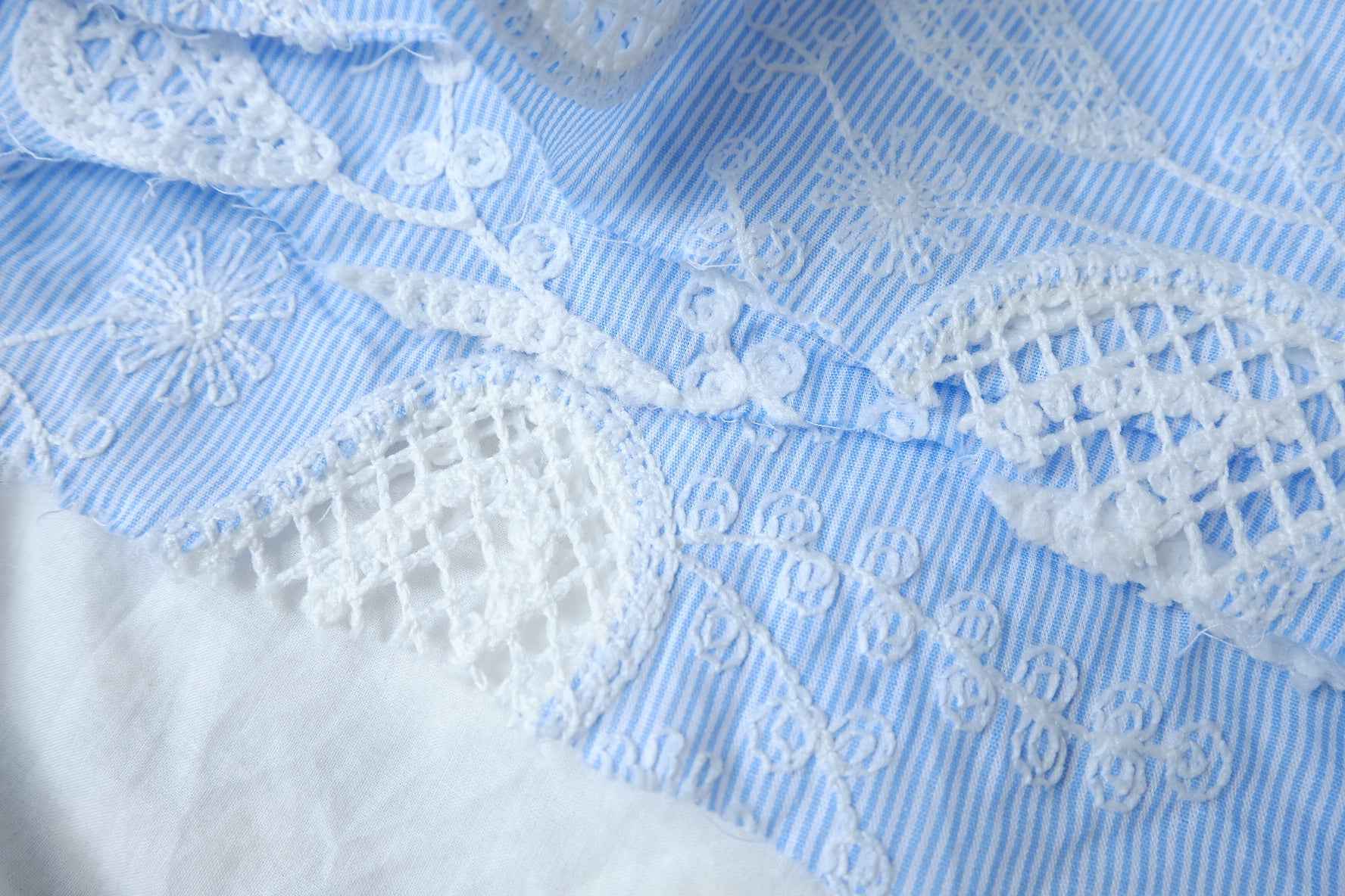 Yarn-Dyed Striped Cotton with Cutwork Embroidery, Blue and White, 2.08 Yards
