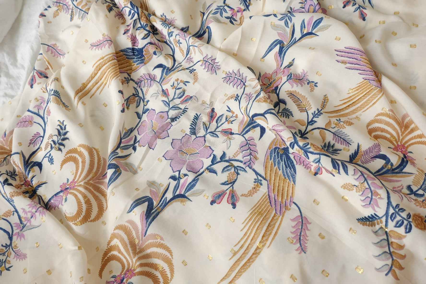 Metallic-Dotted Rayon Floral Bird Panel Fabric - 1.75 yd