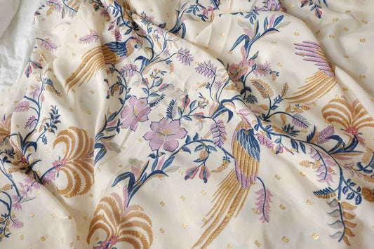 Metallic-Dotted Rayon Floral Bird Panel Fabric - 1.75 yd