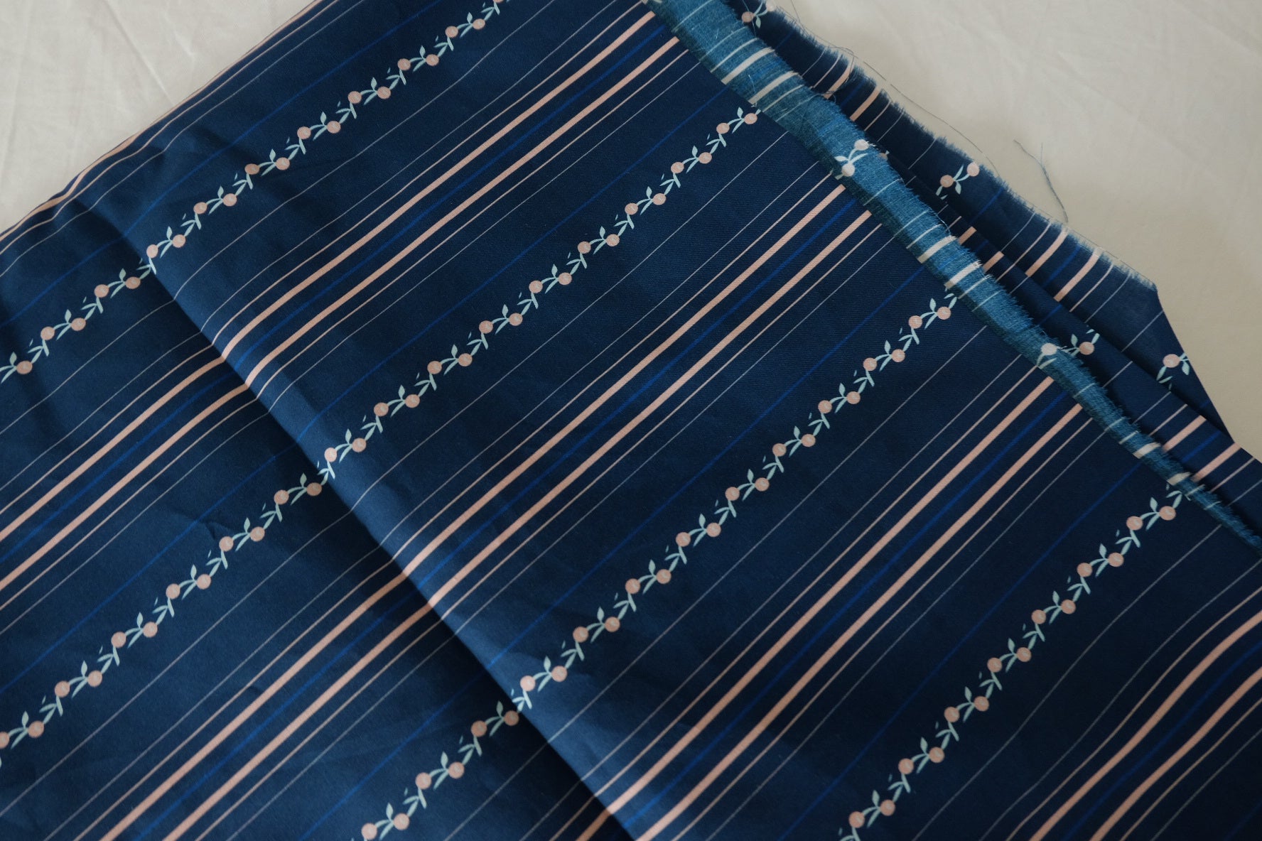 Navy Floral Stripe Cotton Poplin Fabric – 2.2 yd / Discounted
