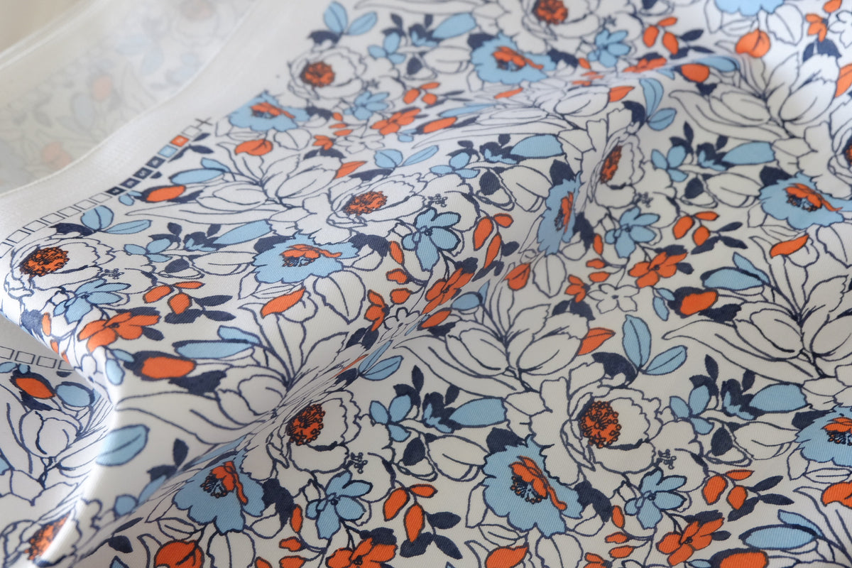 Blue & Orange Floral Cotton Denim – 2.2 yd