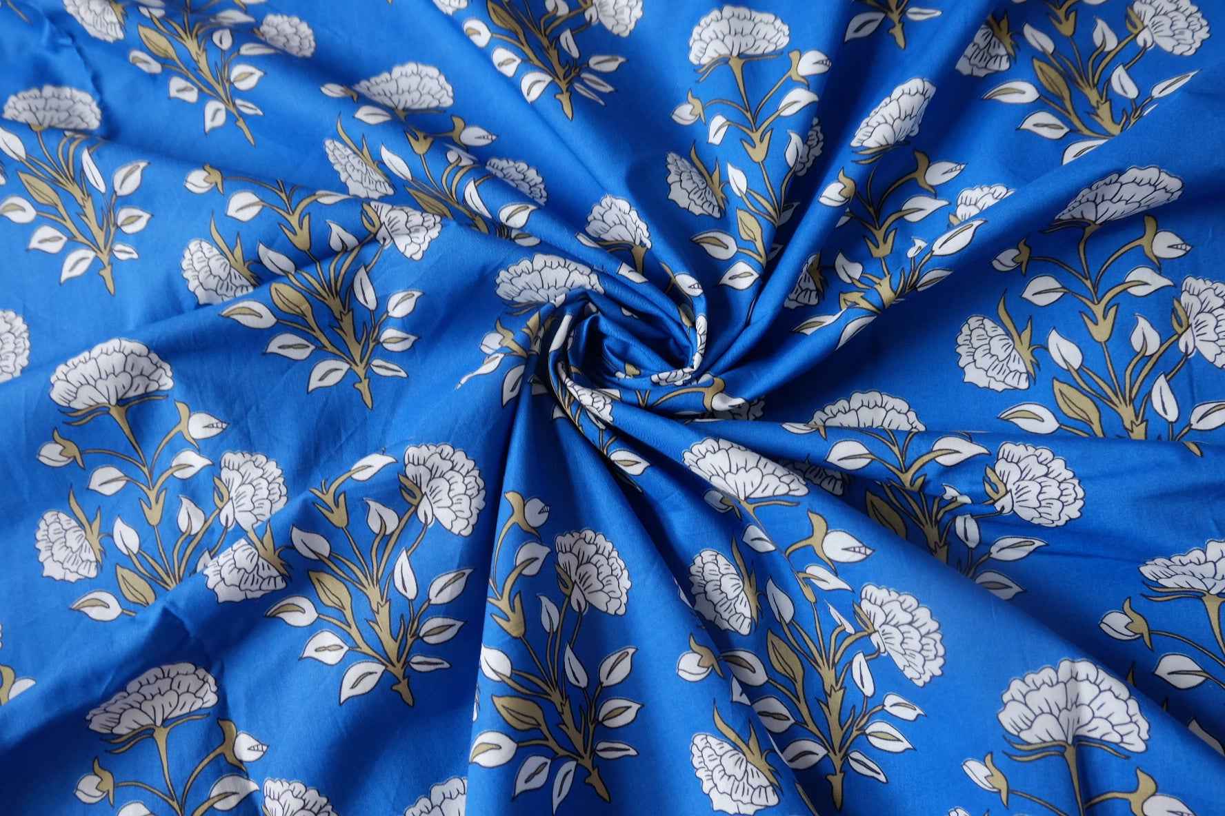 Blue Block Floral Cotton Poplin Fabric - 1.64 yd