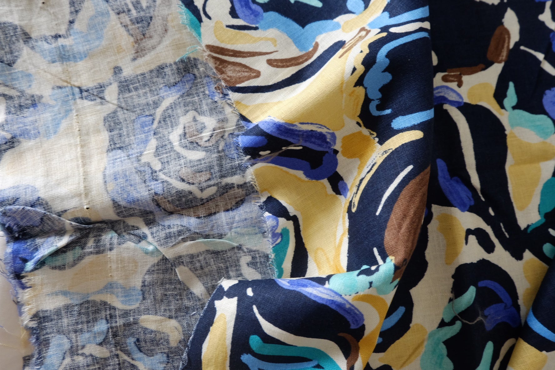 Abstract Navy & Mustard Cotton Linen Fabric – 1.75 yd