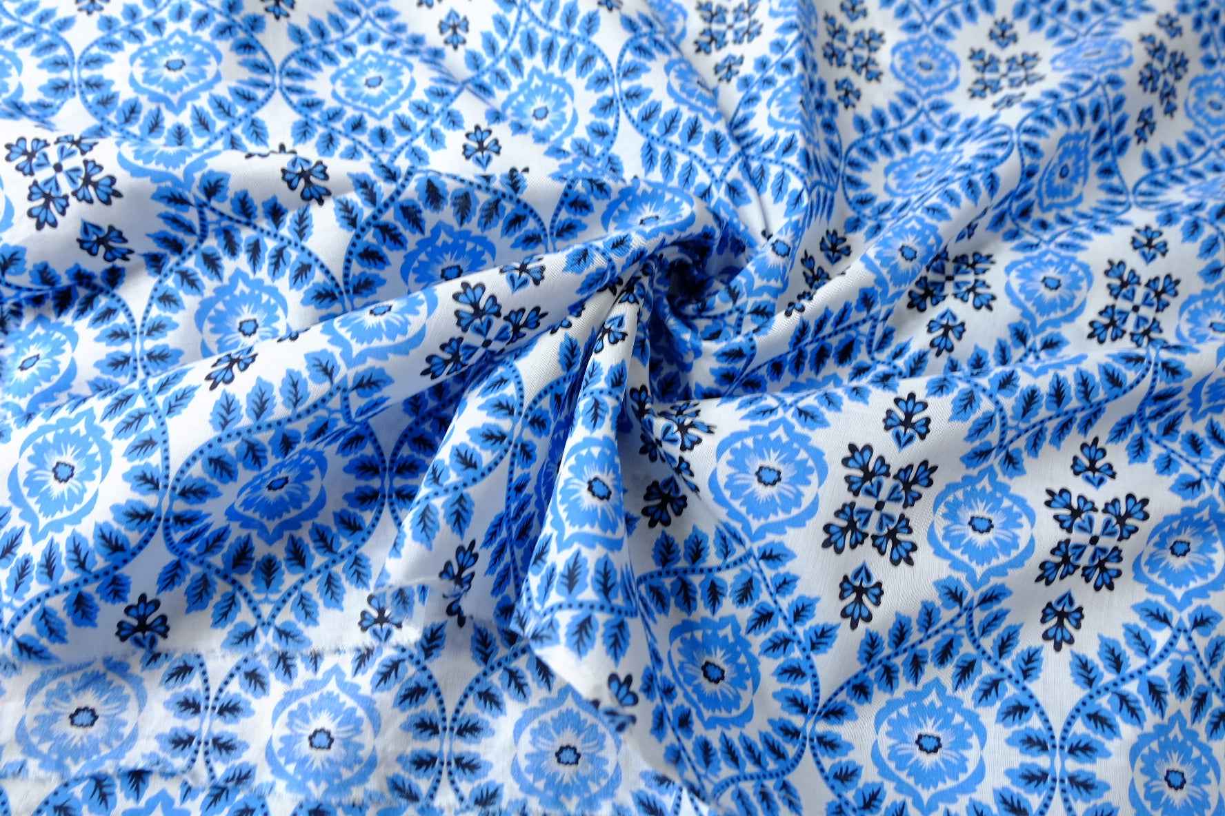 Blue Folk Floral Cotton Fabric - 2.19 Yards