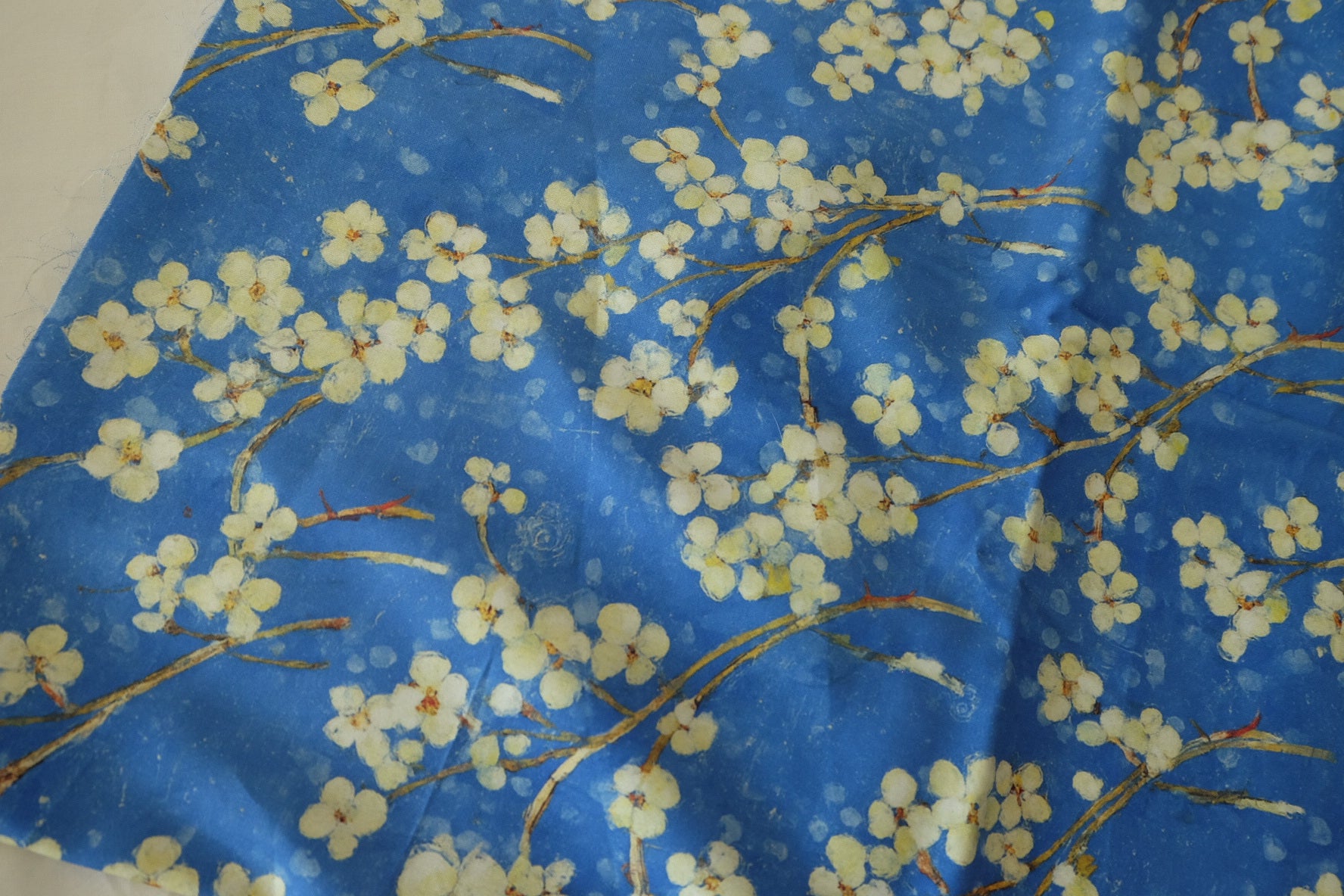 Indigo Blossom Cotton Sateen Fabric – Oriental Floral Branch Print – 2.2 yd