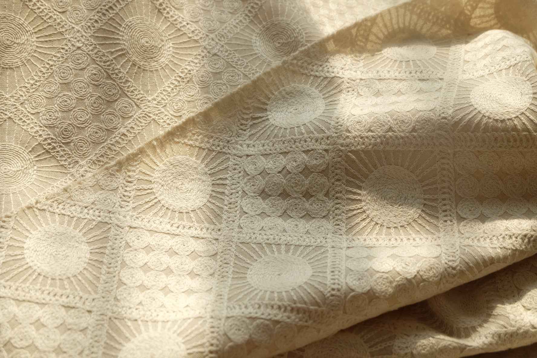 Ivory Embroidered Linen Cotton Fabric, Sold by the yard