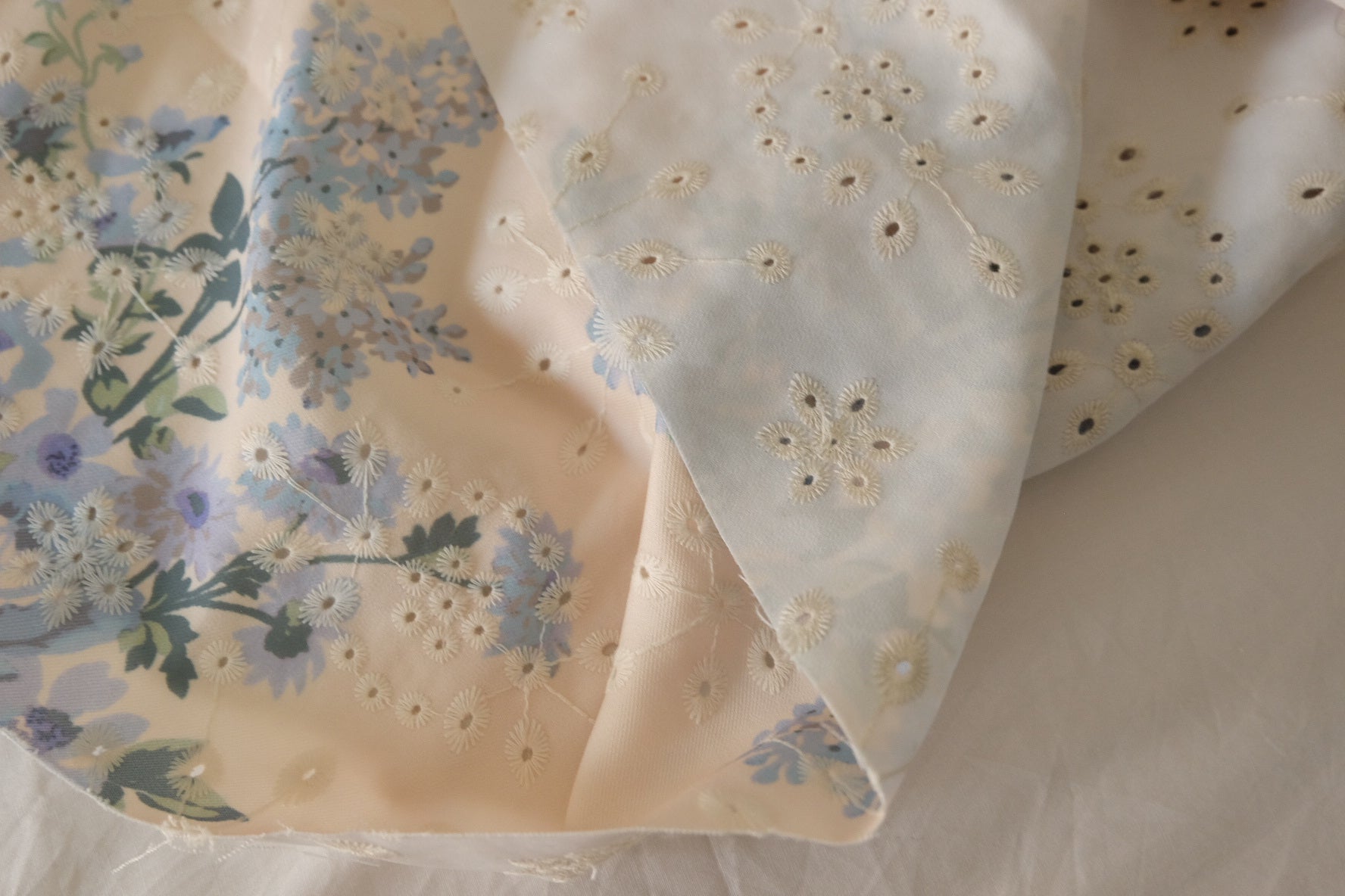 Blue Floral Embroidered Cotton Blend Fabric – 3.3 yd