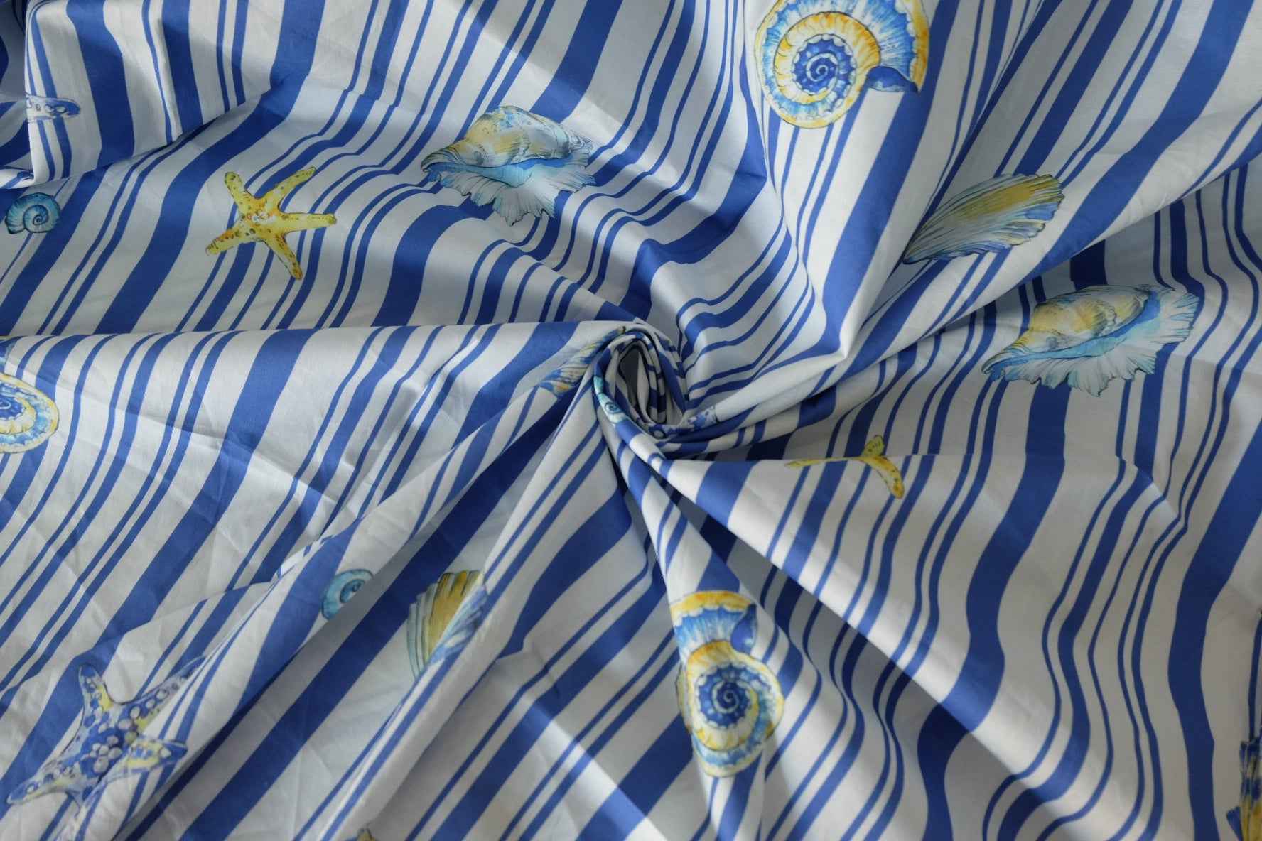 Blue Coastal Shell Stripe Cotton Lawn Fabric – 3.3 yd