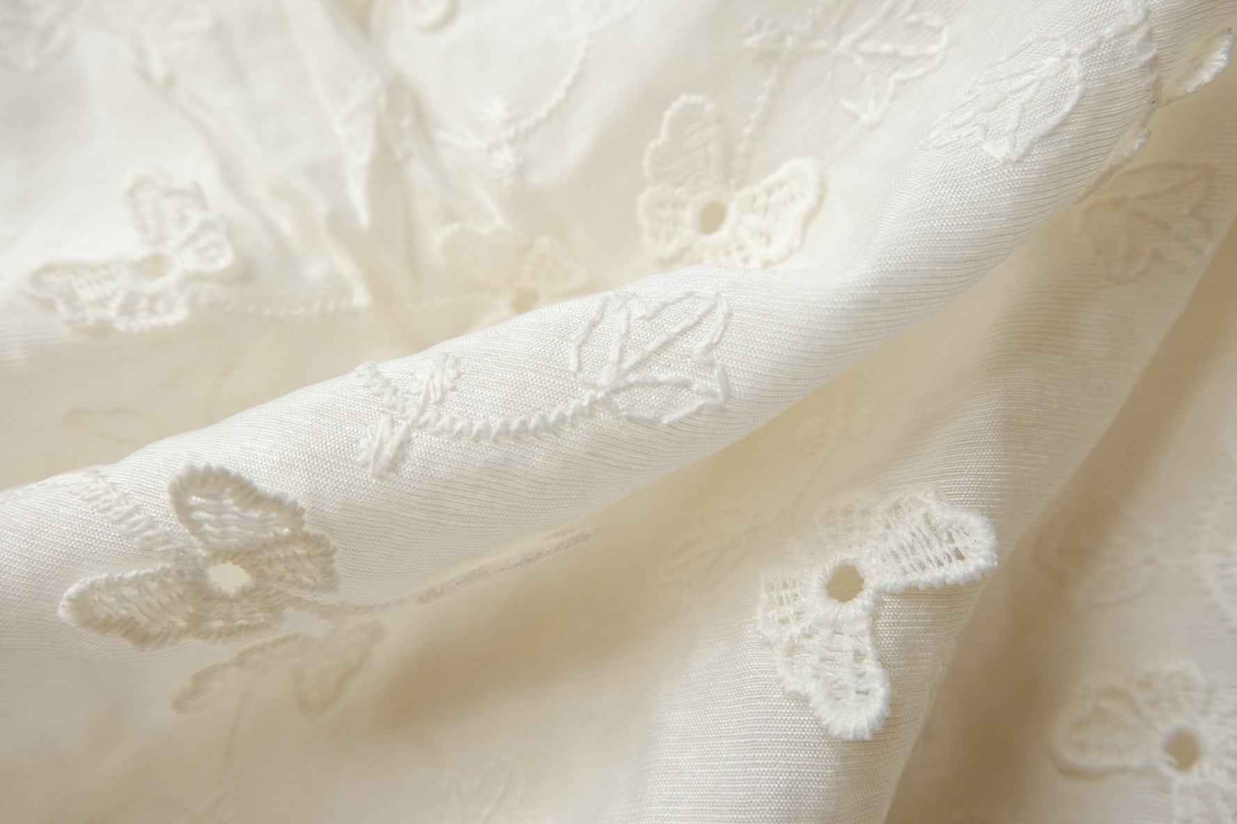 Ivory Floating Floral Embroidered Tencel Cotton Fabric, Romantic Semi-Sheer Dress Weight, 2.19 Yards