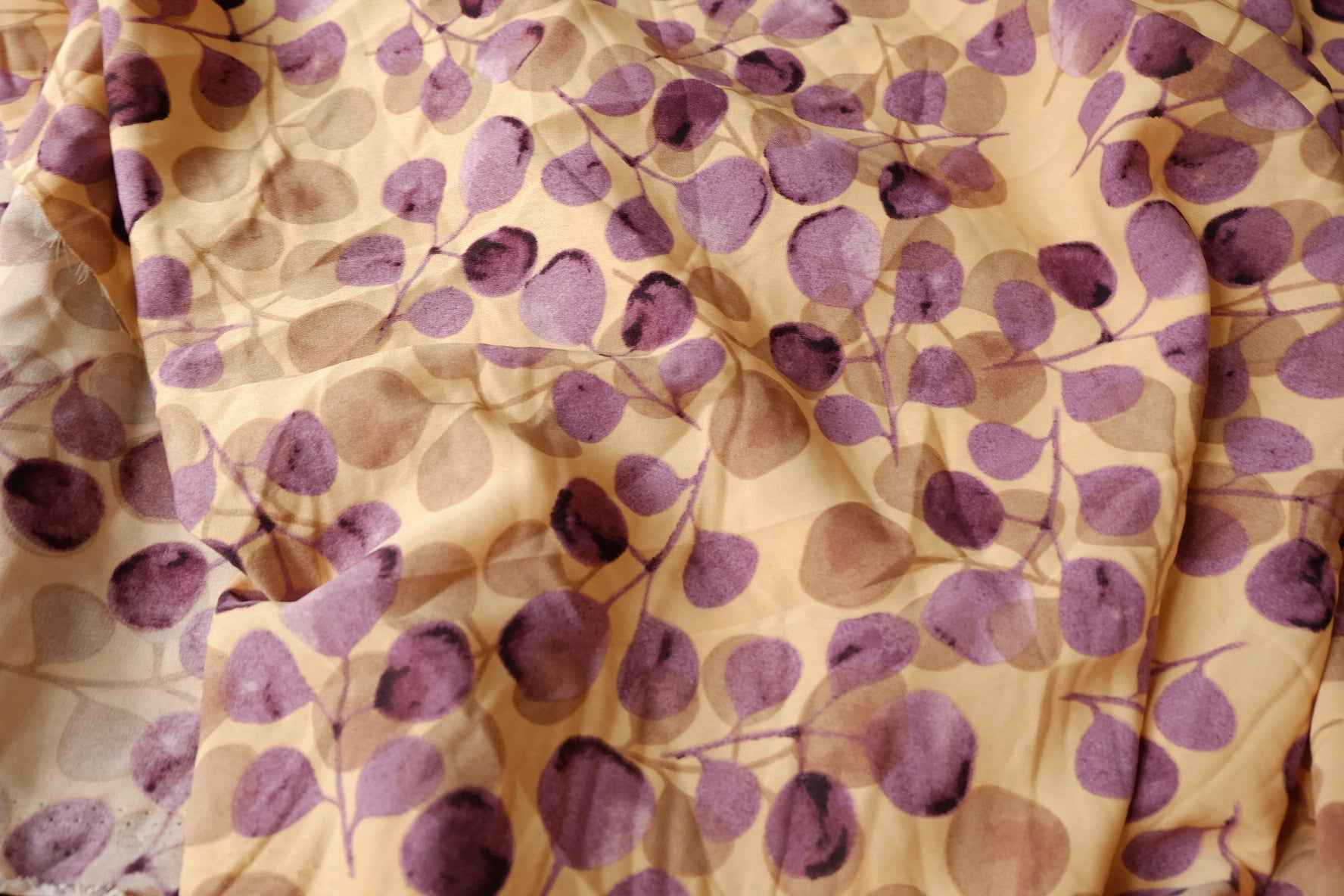 Watercolor Purple Leaf Chiffon Satin Fabric - 2.30 Yards