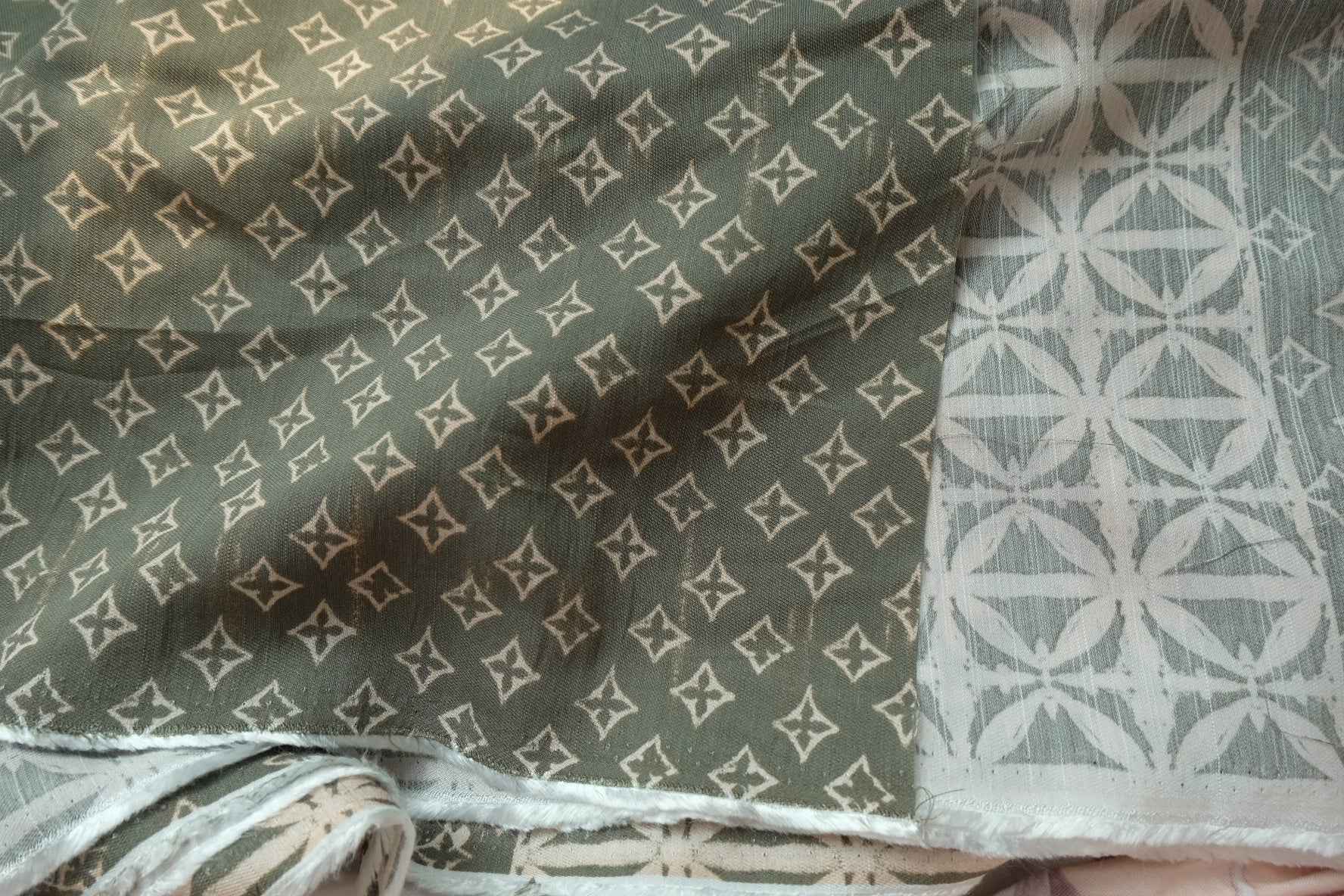 Muted Green Geometric Floral Fabric, Soft Dress Weight Poly Cotton Blend, 3.28 Yards