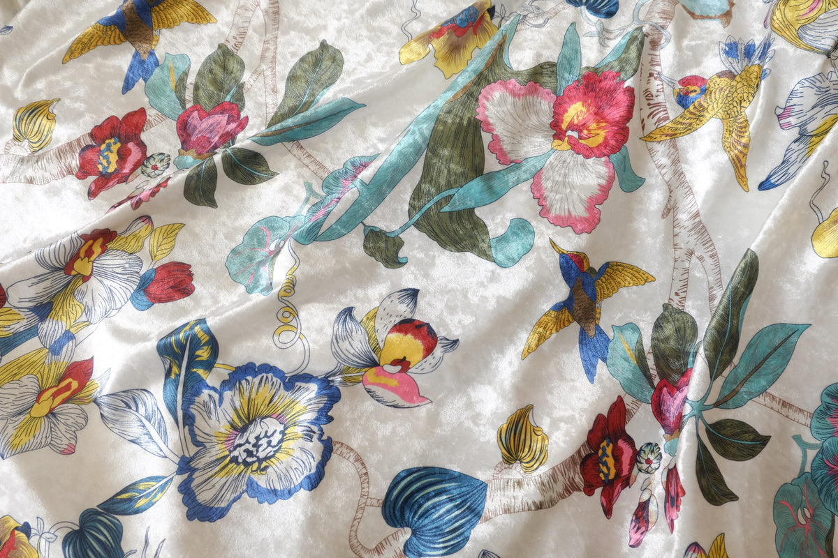 Enchanted Garden – Botanical Print Polyester Velvet Fabric – 2.19 yd