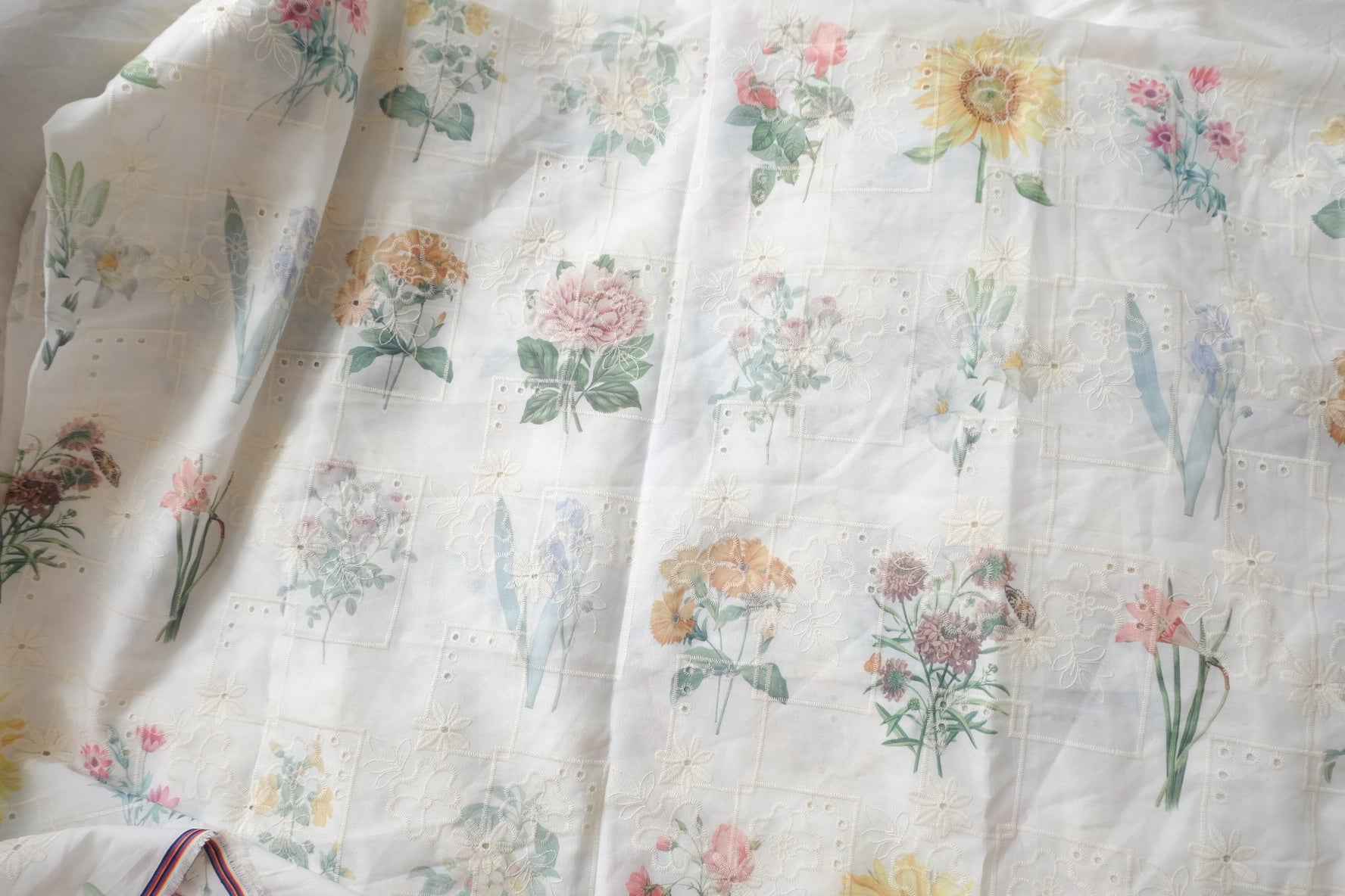 Romantic Floral Patchwork Embroidered Eyelet Fabric, Lightweight Semi-Sheer Cotton Blend, 1.75 Yards