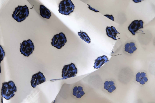 Blue Embroidered Floral Cotton Fabric – 1.6 Yards