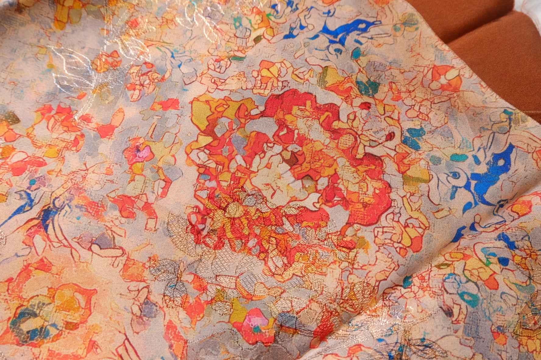 Abstract Dunhuang Silk Jacquard Fabric, Glossy Fluid Art Textile, 2.19 Yards