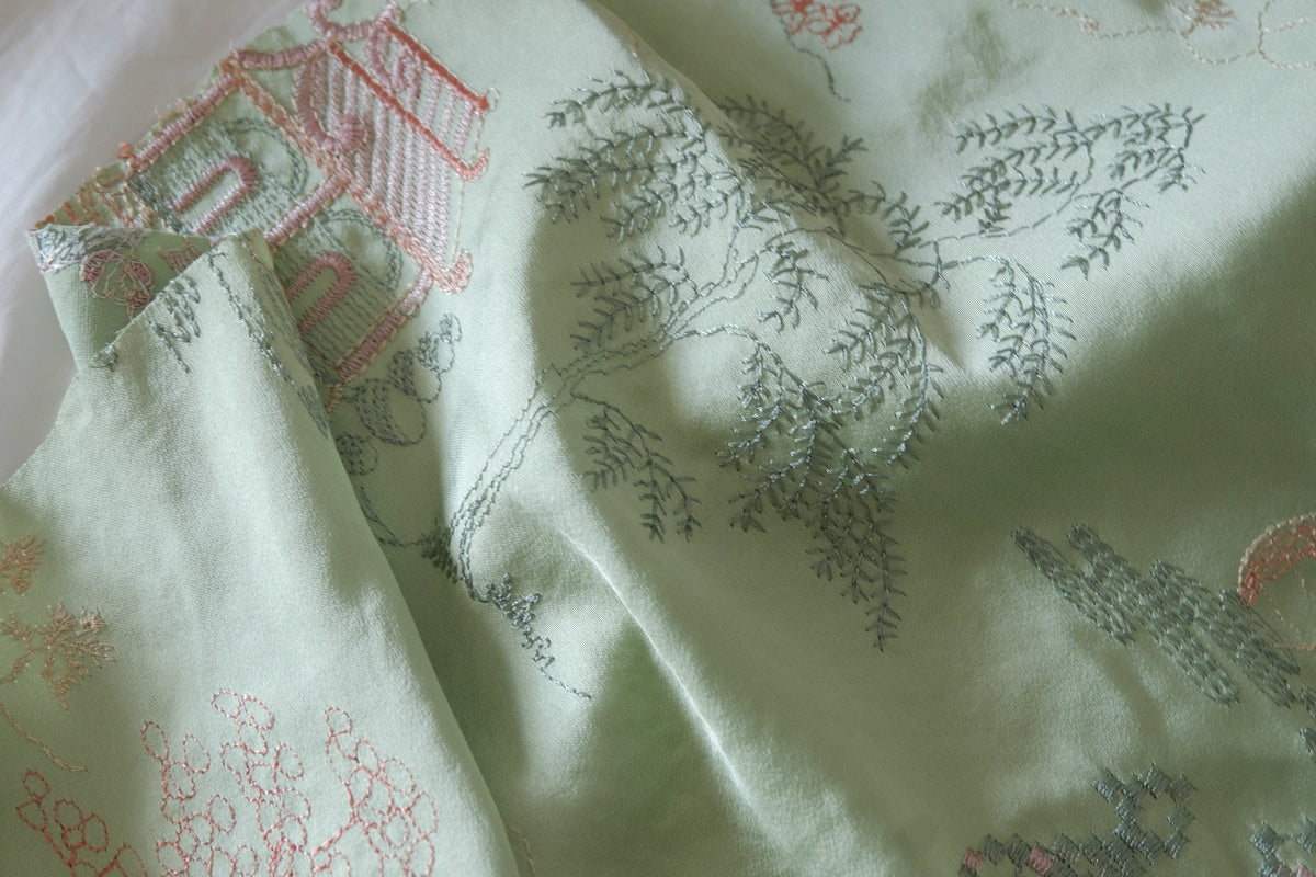 Sage Green Oriental Garden Embroidered Satin – 2.19 yd