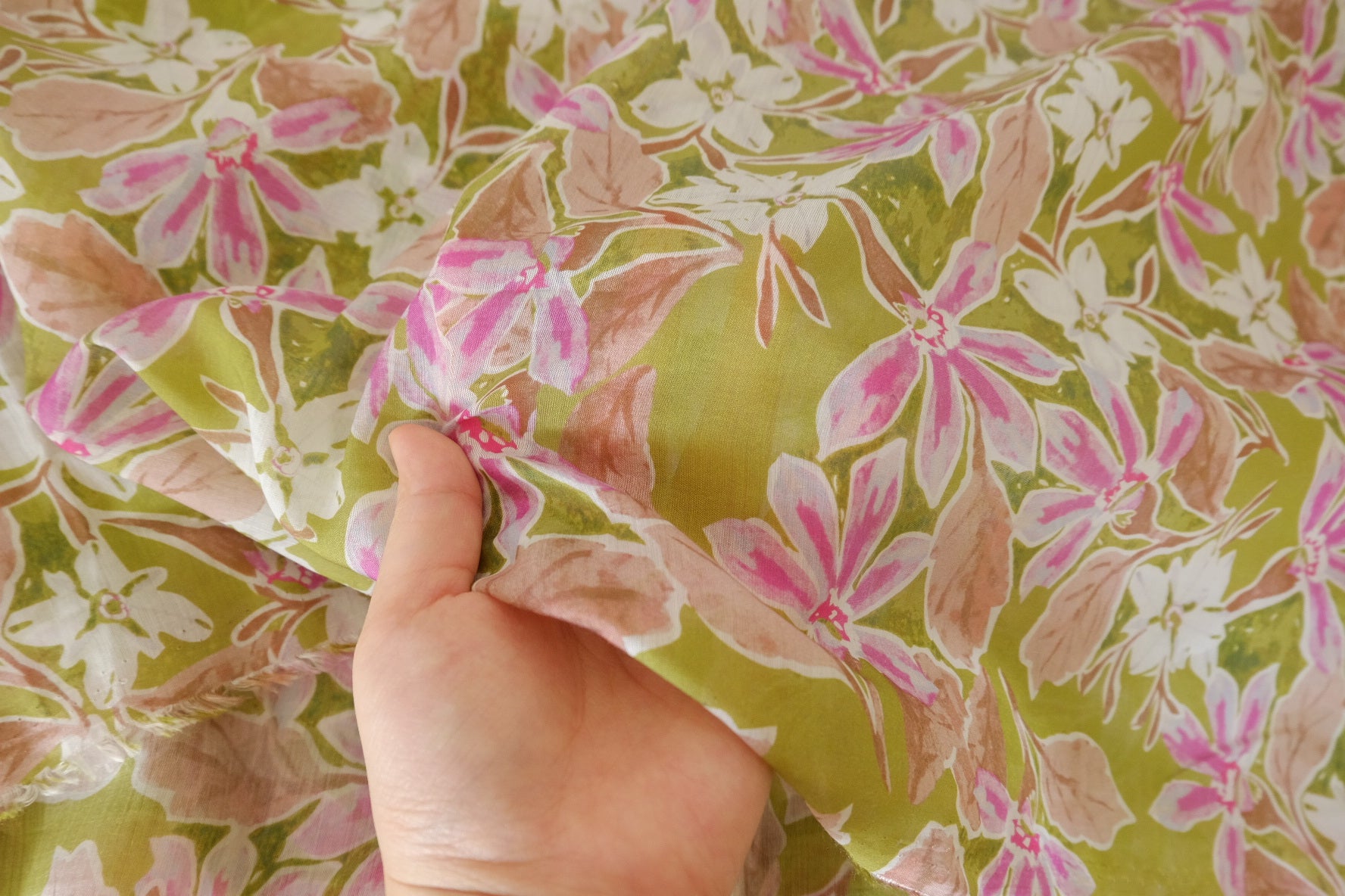 Olive Watercolor Floral Tencel Blend Fabric – Lightweight Drapey Print – 3.3 yd