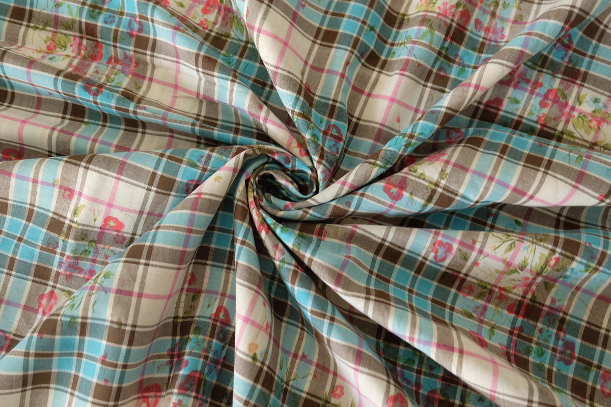 Aqua & Brown Floral Plaid Cotton – 3.3 yd