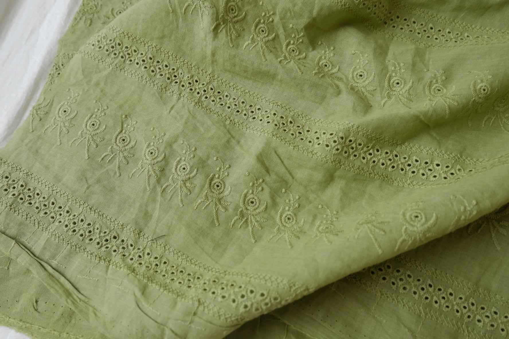Sage Green Cotton Eyelet Embroidery Fabric - 2.19 Yards