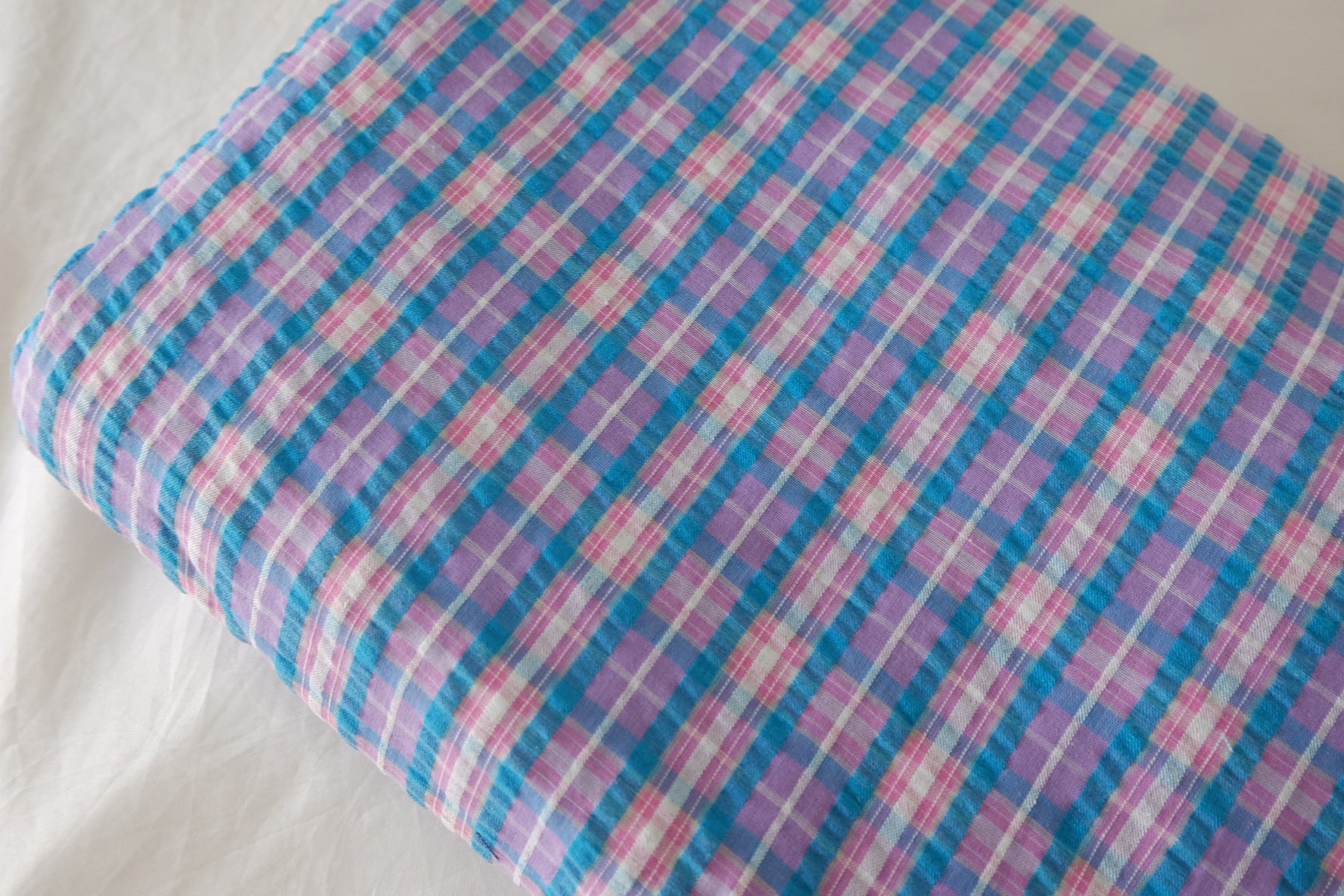 Textured Cotton Blend Plaid Fabric – Pastel Blue & Pink Check – 2.2 yd