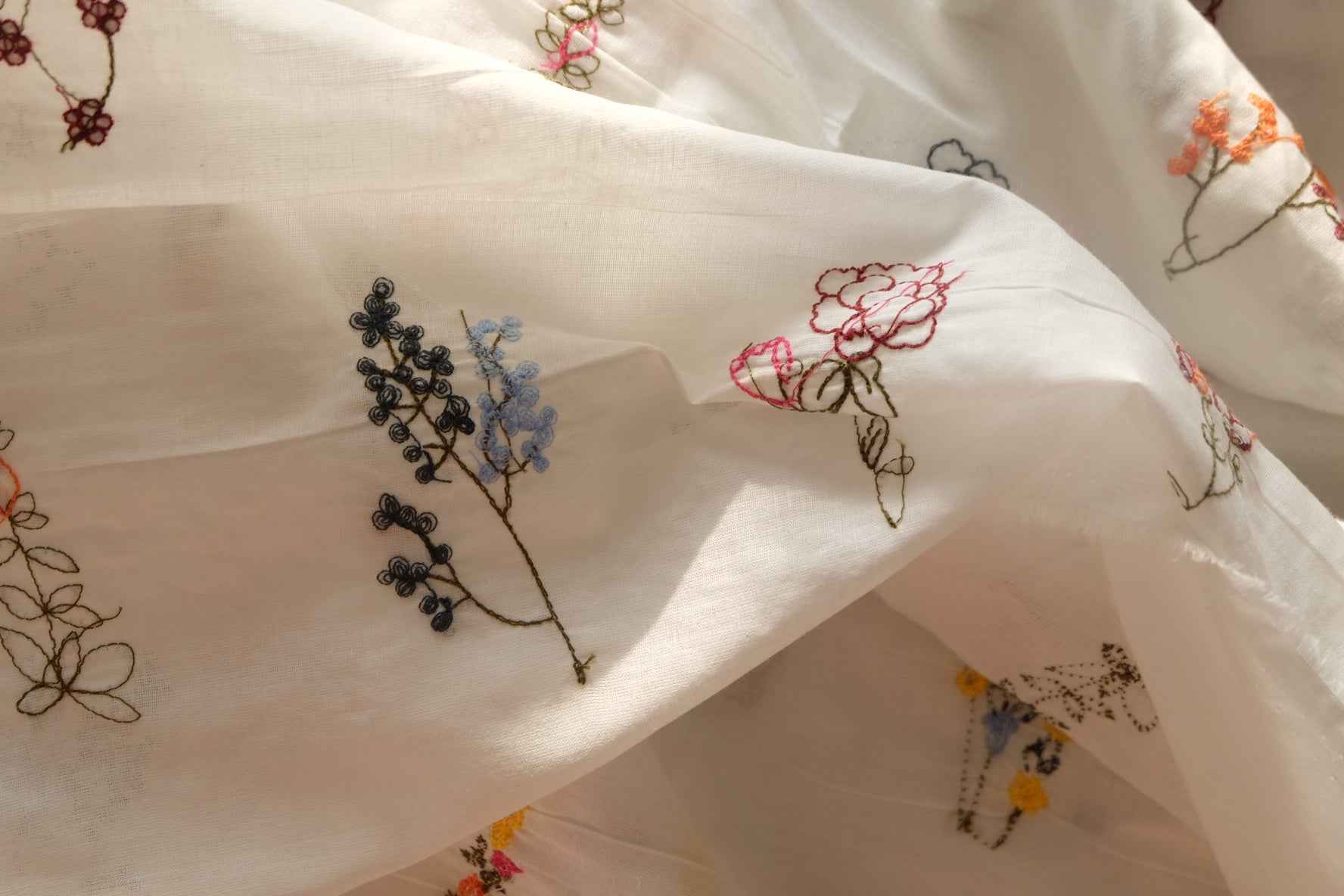 Delicate Floral Embroidered Cotton Fabric, Soft Lightweight Blouse Weight, 2.19 Yards