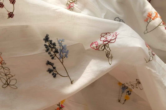 Delicate Floral Embroidered Cotton Fabric, Soft Lightweight Blouse Weight, 2.19 Yards