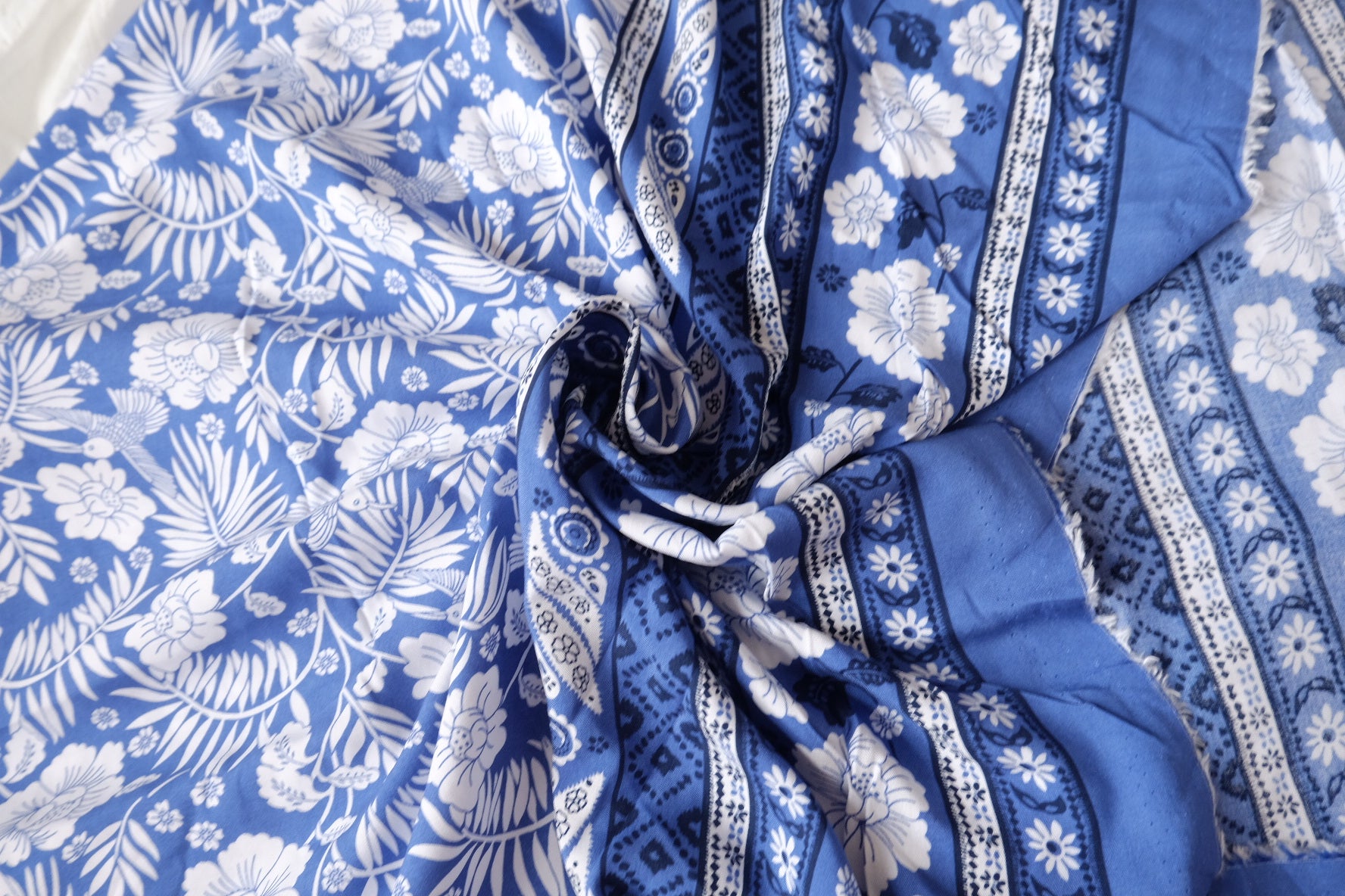 Double Border Bird & Floral Rayon Fabric in Blue and White, 3.3 Yards