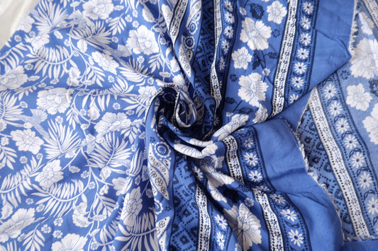 Double Border Bird & Floral Rayon Fabric in Blue and White, 3.3 Yards