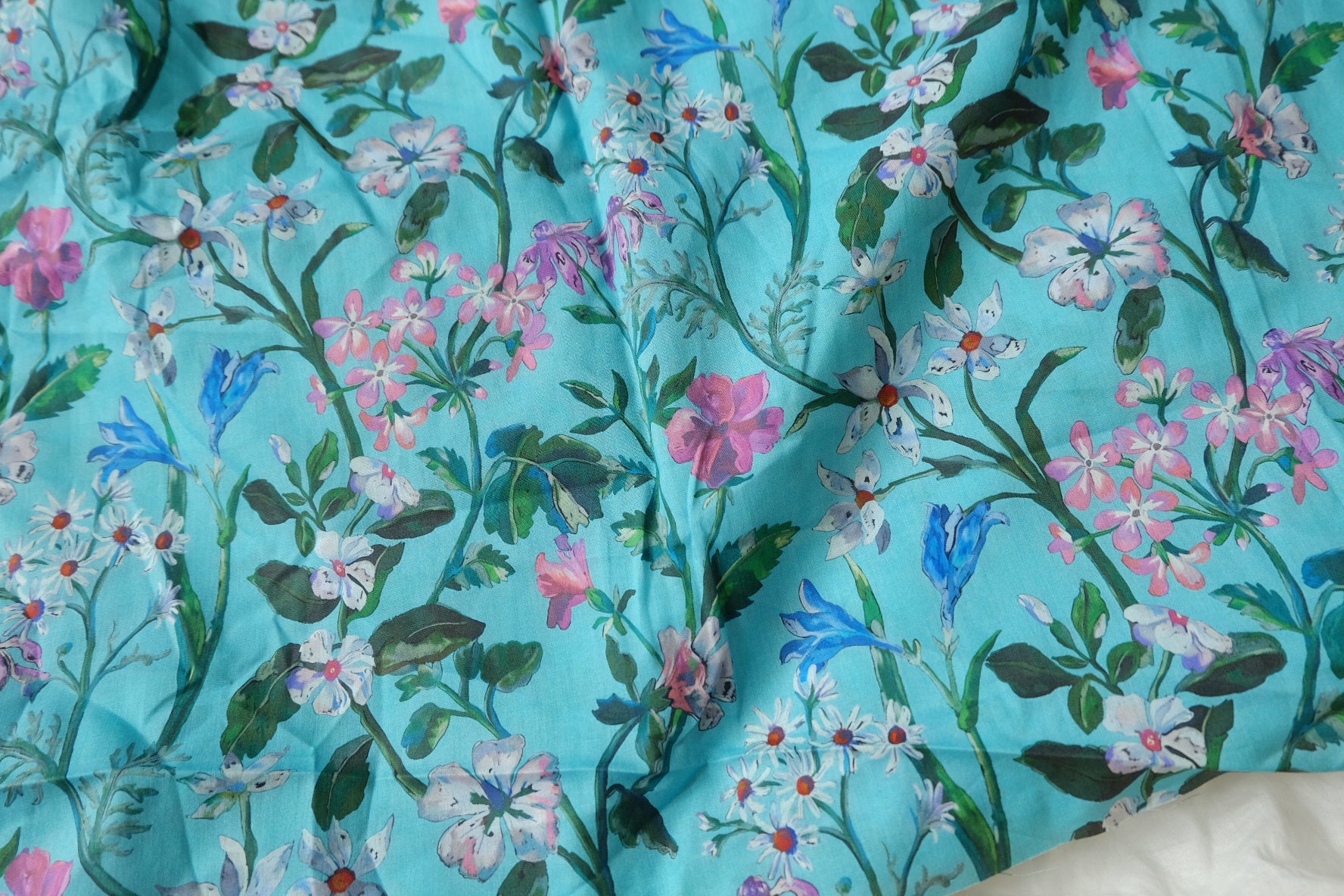 Turquoise Floral Cotton Lawn Fabric, Light & Silky, 3.3 Yards