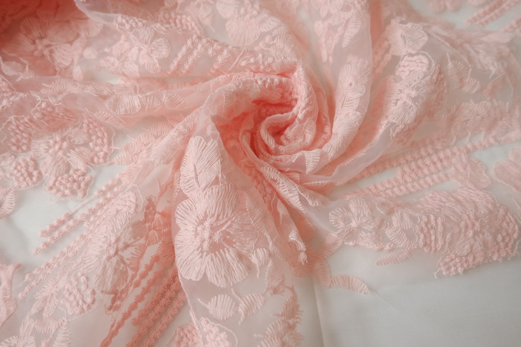 Pink Embroidered Cotton Organza Fabric - 2.52 yd