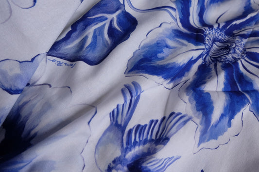 Blue Watercolor Floral Linen Deadstock Fabric - 2.73 yd