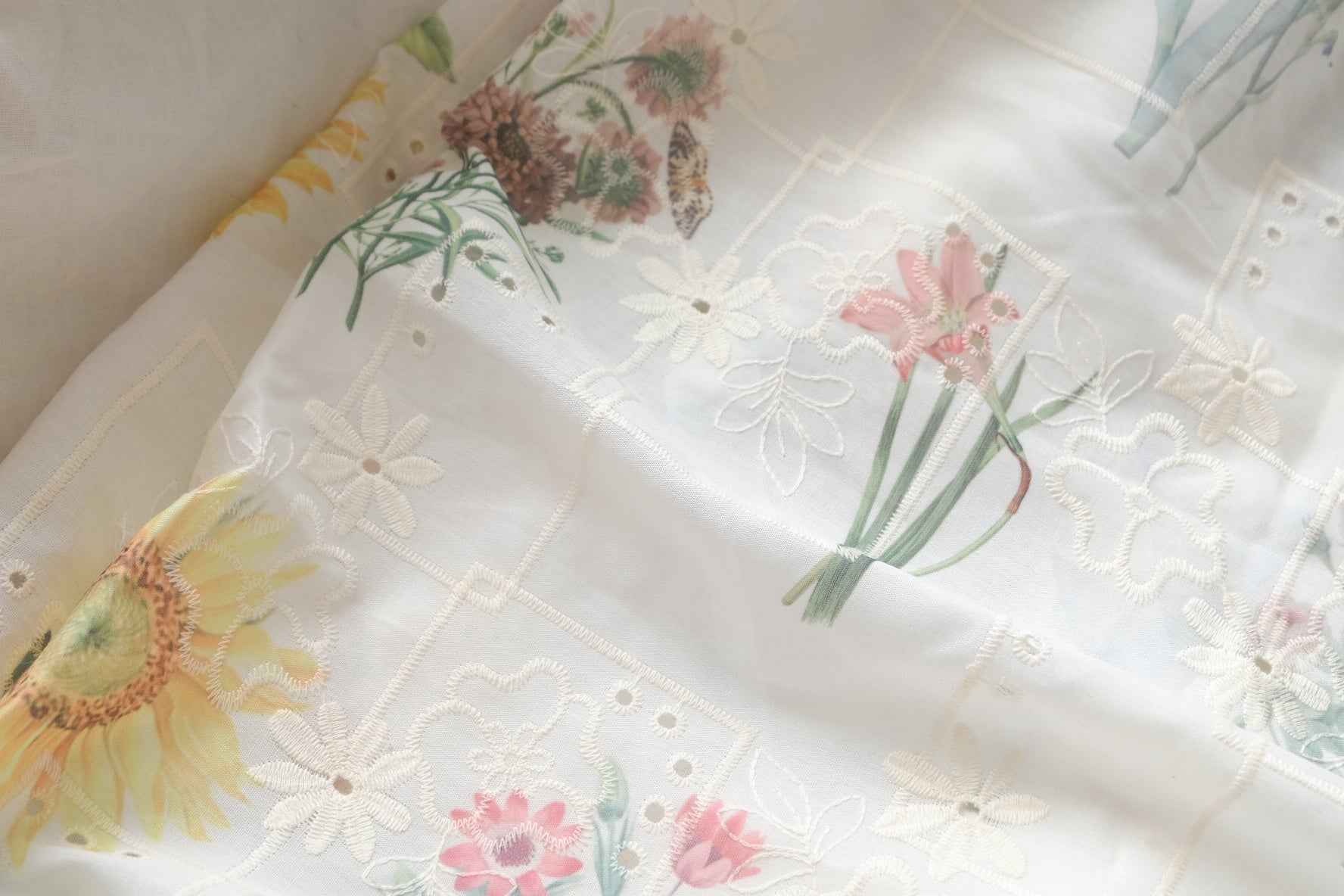 Romantic Floral Patchwork Embroidered Eyelet Fabric, Lightweight Semi-Sheer Cotton Blend, 1.75 Yards