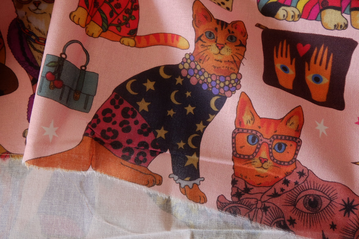 Fashionista Cats – Whimsical Pink Quilting Cotton Fabric – 2.19 yd