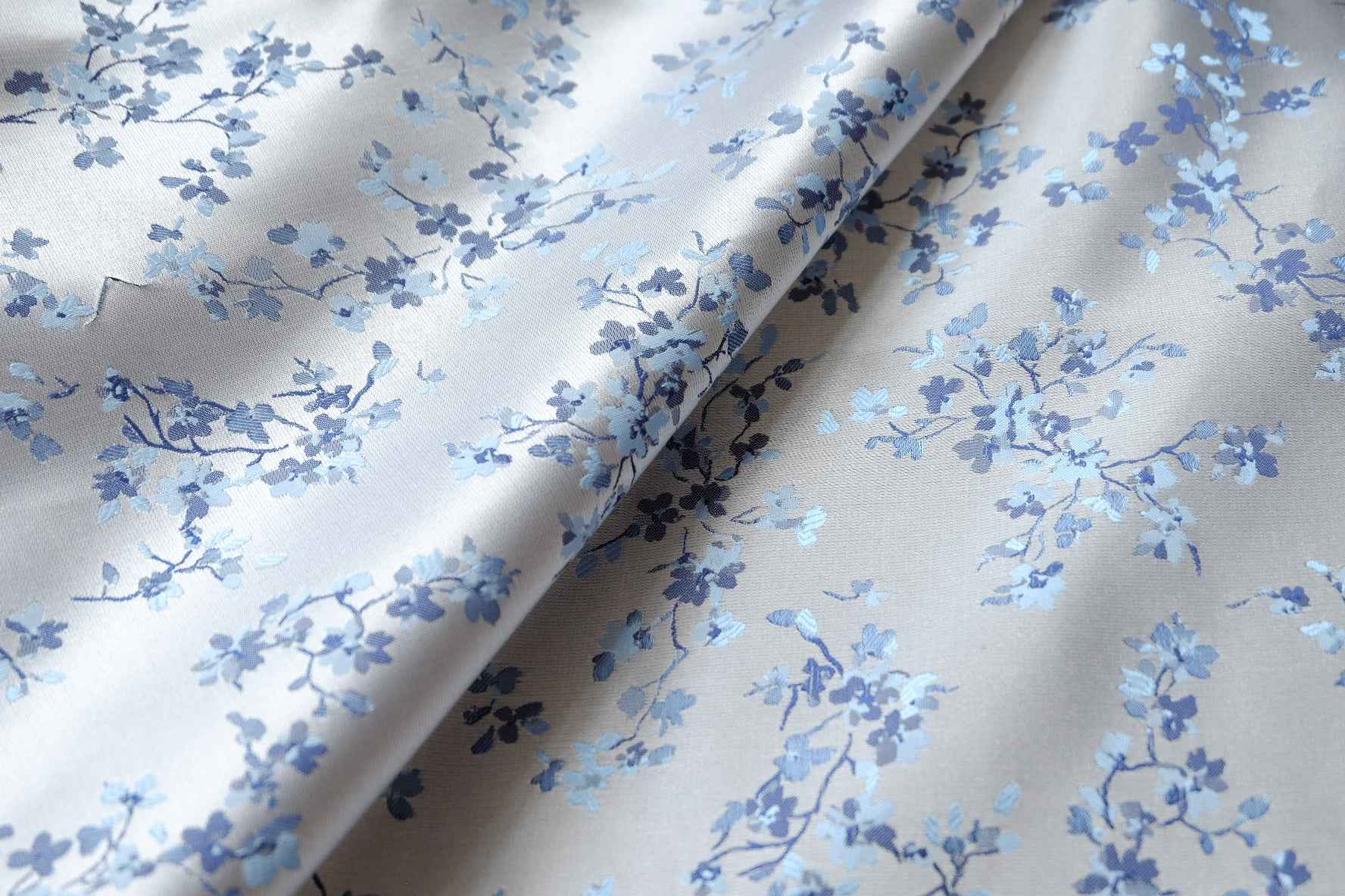 Reversible Blue Floral Brocade Satin Fabric, Soft Dress Weight, 2.19 Yards