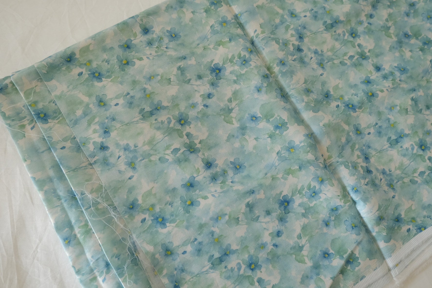 Dreamy Mint Blue Floral Cotton Sateen Fabric – 80s Cotton – 2.1 yd