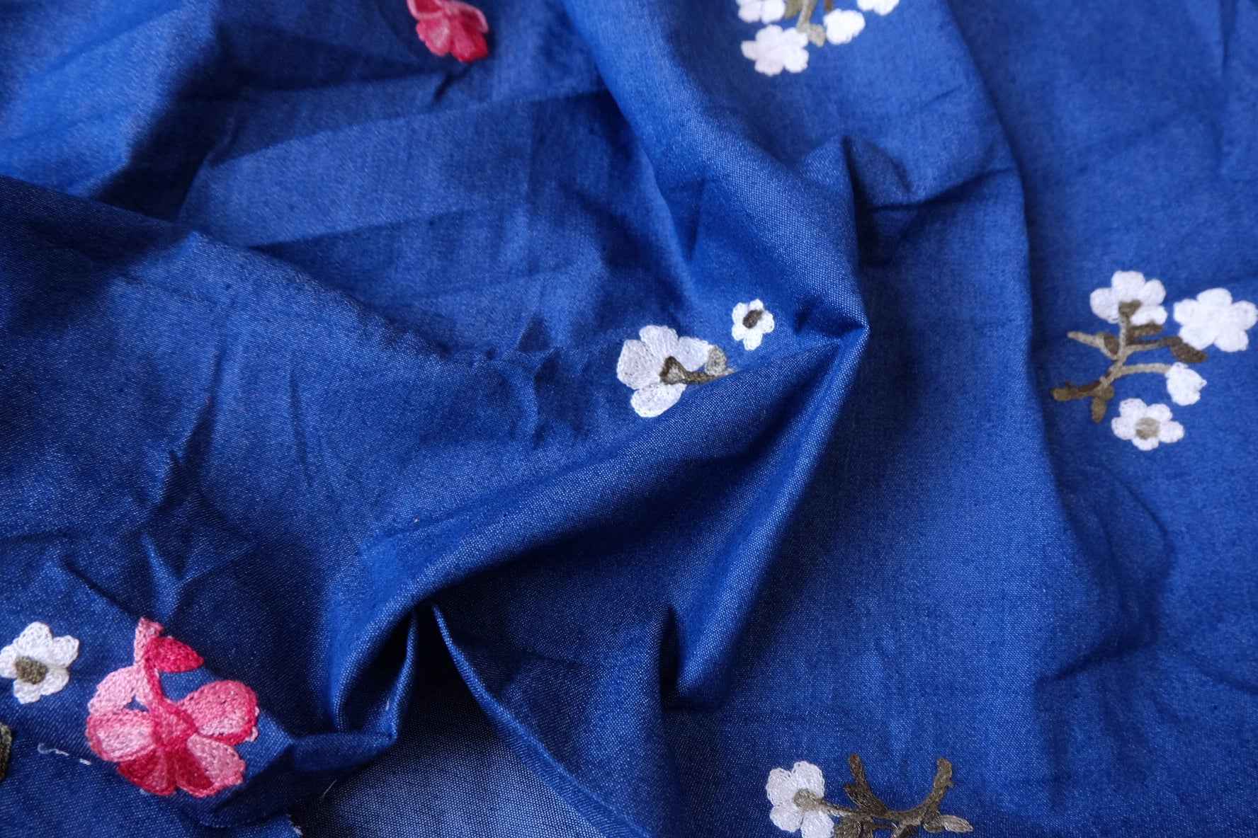Indigo Embroidered Cotton Denim Fabric - 2.19 yd