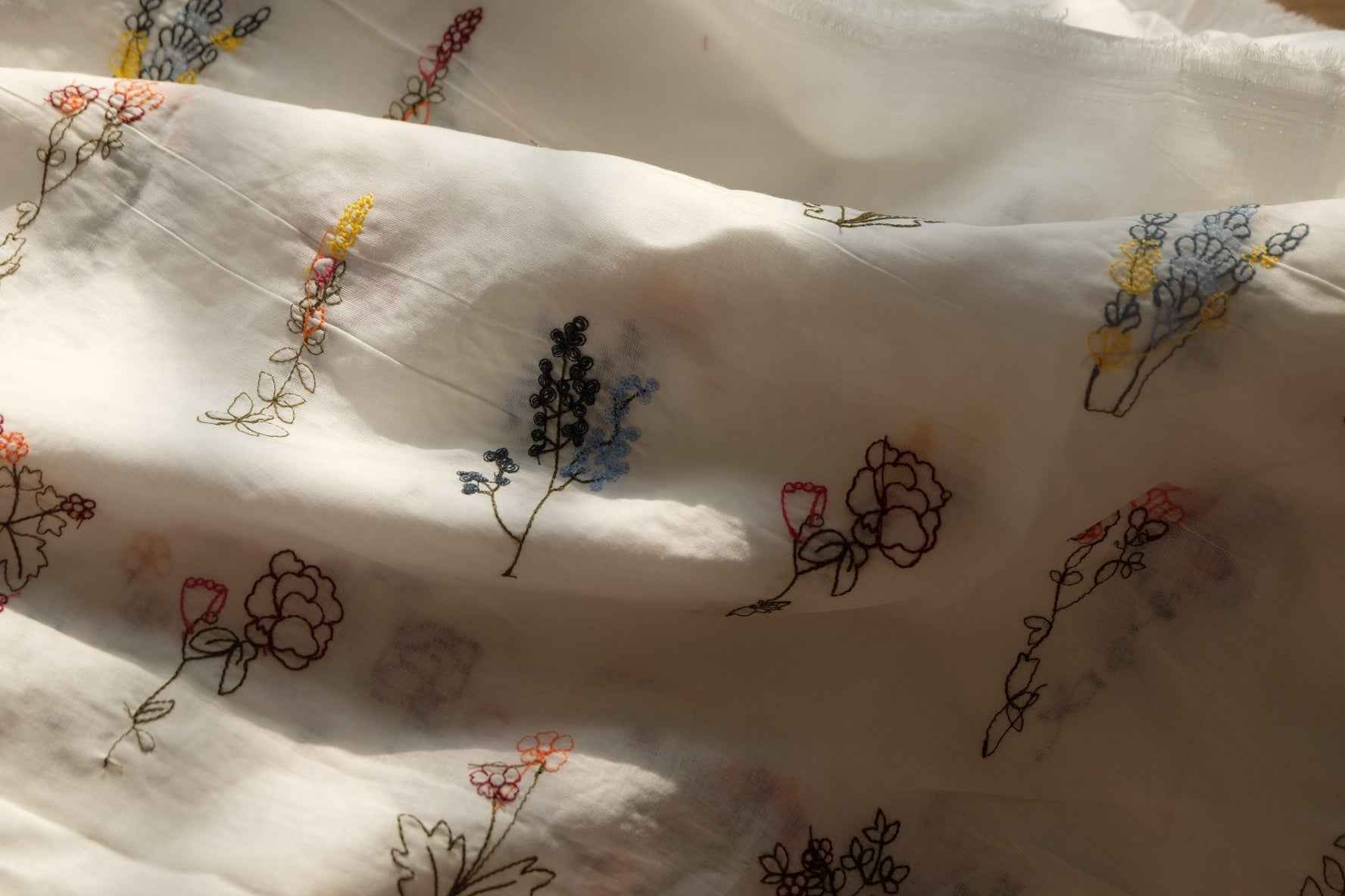 Delicate Floral Embroidered Cotton Fabric, Soft Lightweight Blouse Weight, 2.19 Yards