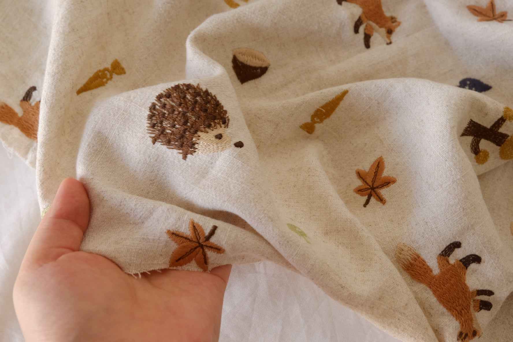 Woodland Animal Embroidered Linen Cotton Fabric – 2.2 yd