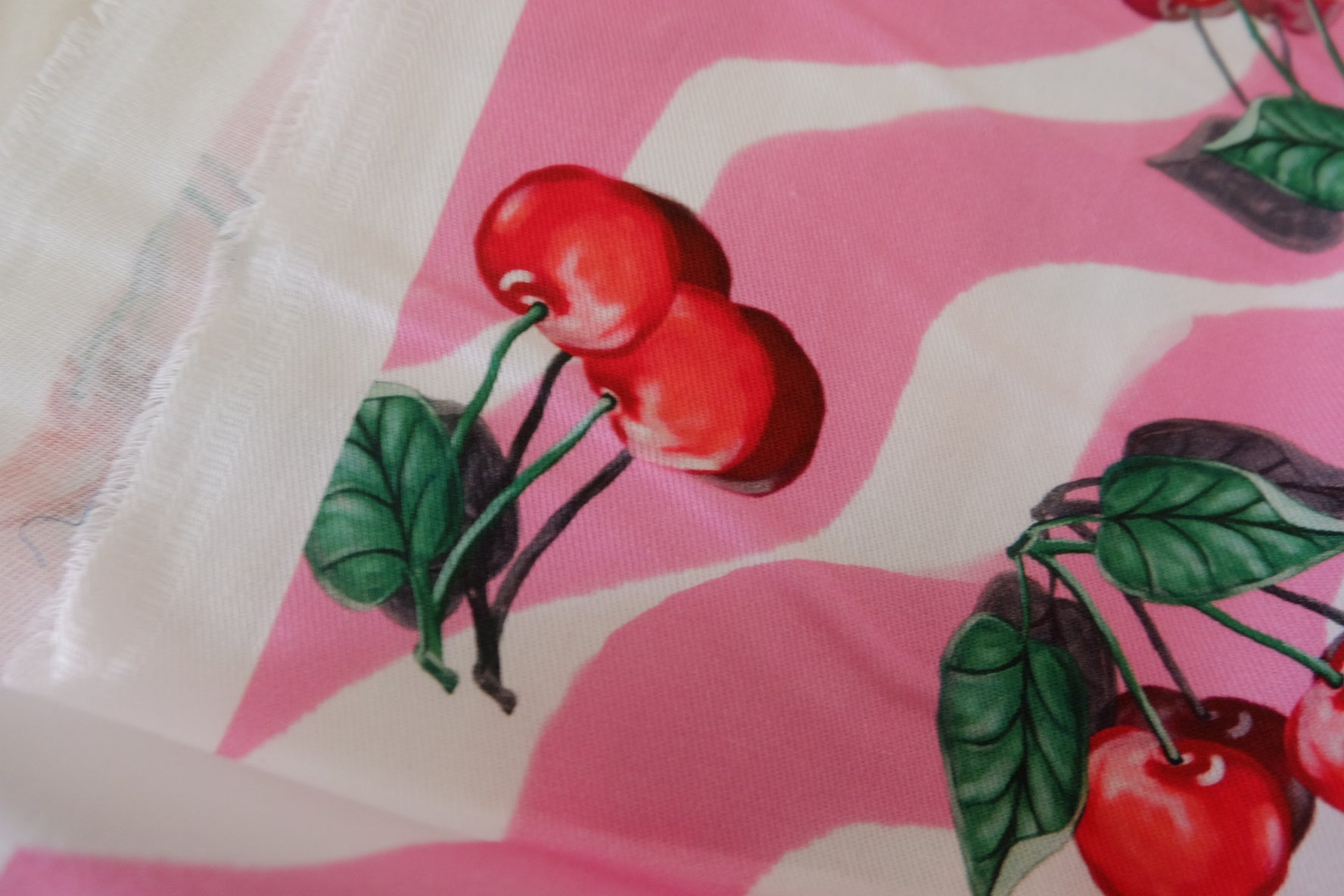 Retro Cherry Cotton Twill Fabric – Pink Wave Print – 2.46 yd / 3.06 yd