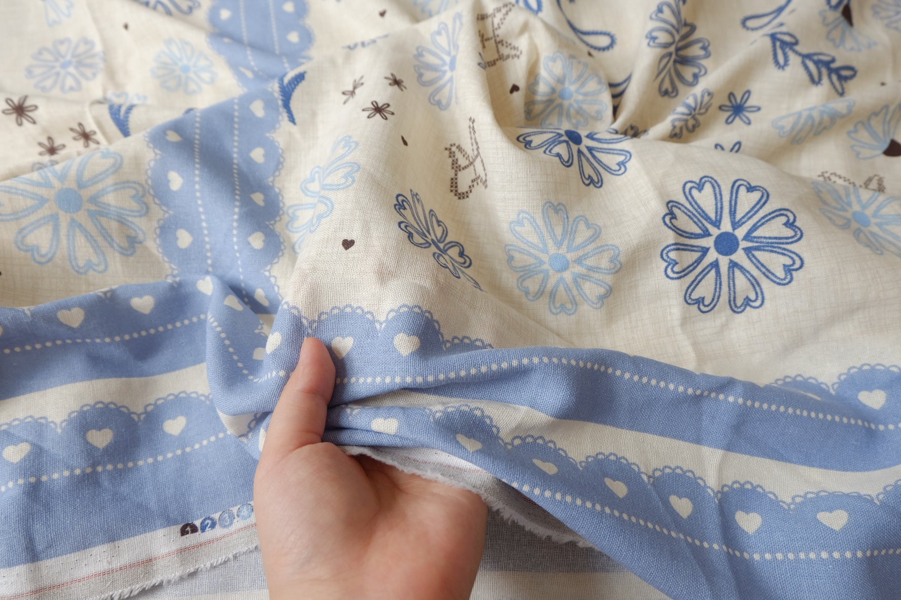 Blue Folk Floral Border Cotton Linen Fabric — 3.28 yd