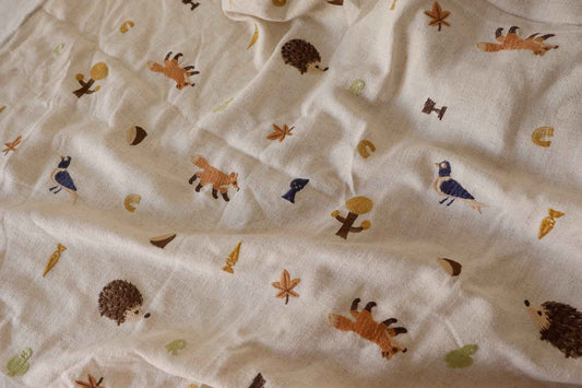 Woodland Animal Embroidered Linen Cotton Fabric – 2.2 yd