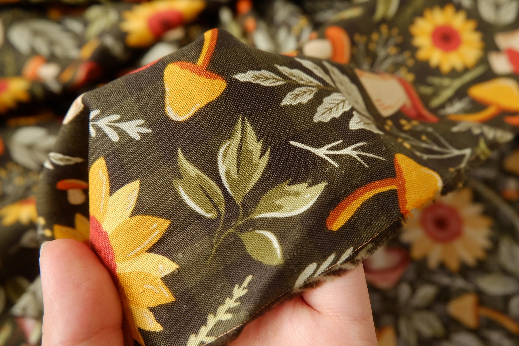 Autumn Mushroom & Sunflower Cotton Fabric, 3.28 Yards