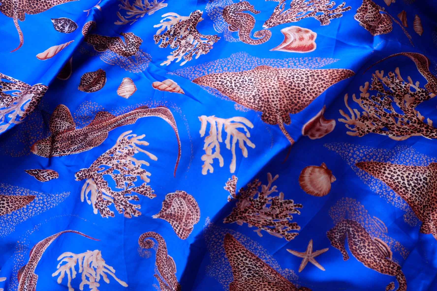 Ocean Blue Satin Rayon Sea Life Fabric - 3.28 yd