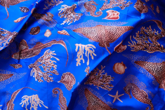 Ocean Blue Satin Rayon Sea Life Fabric - 3.28 yd