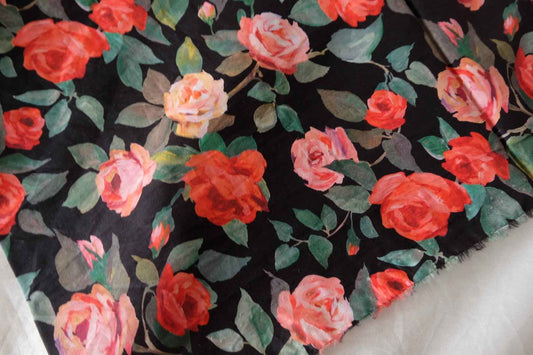 Black Rose Garden Cotton Lawn Fabric – 1.1 yd